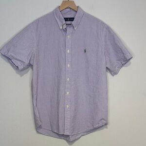 Ralph Lauren XL Seersucker Short Sleeve Button Down Shirt Purple White Stripes
